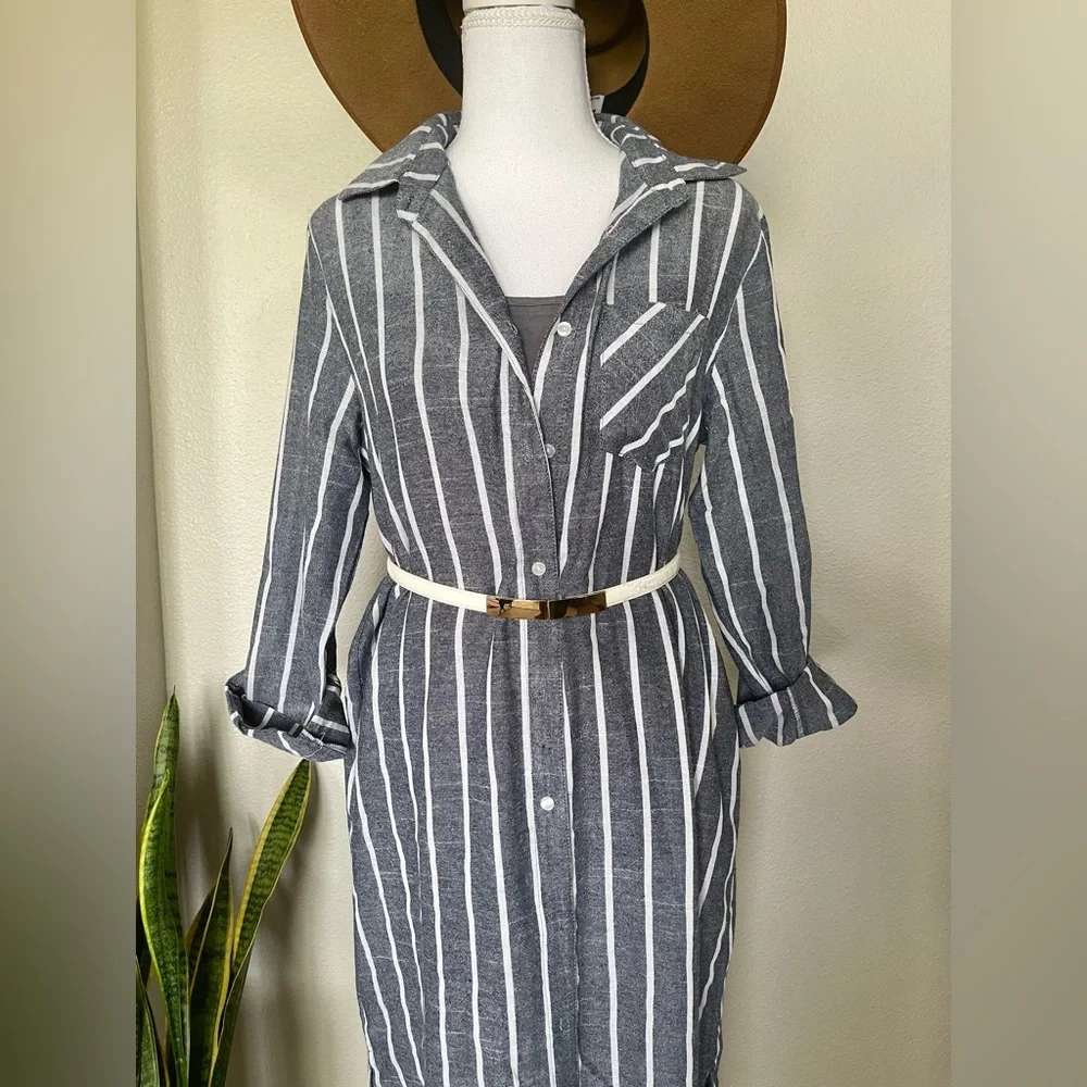 New - Striped Blue & White Sheer Swim Cover Up / Kimono / Button Up Shirt Dress - Picture 13 of 14